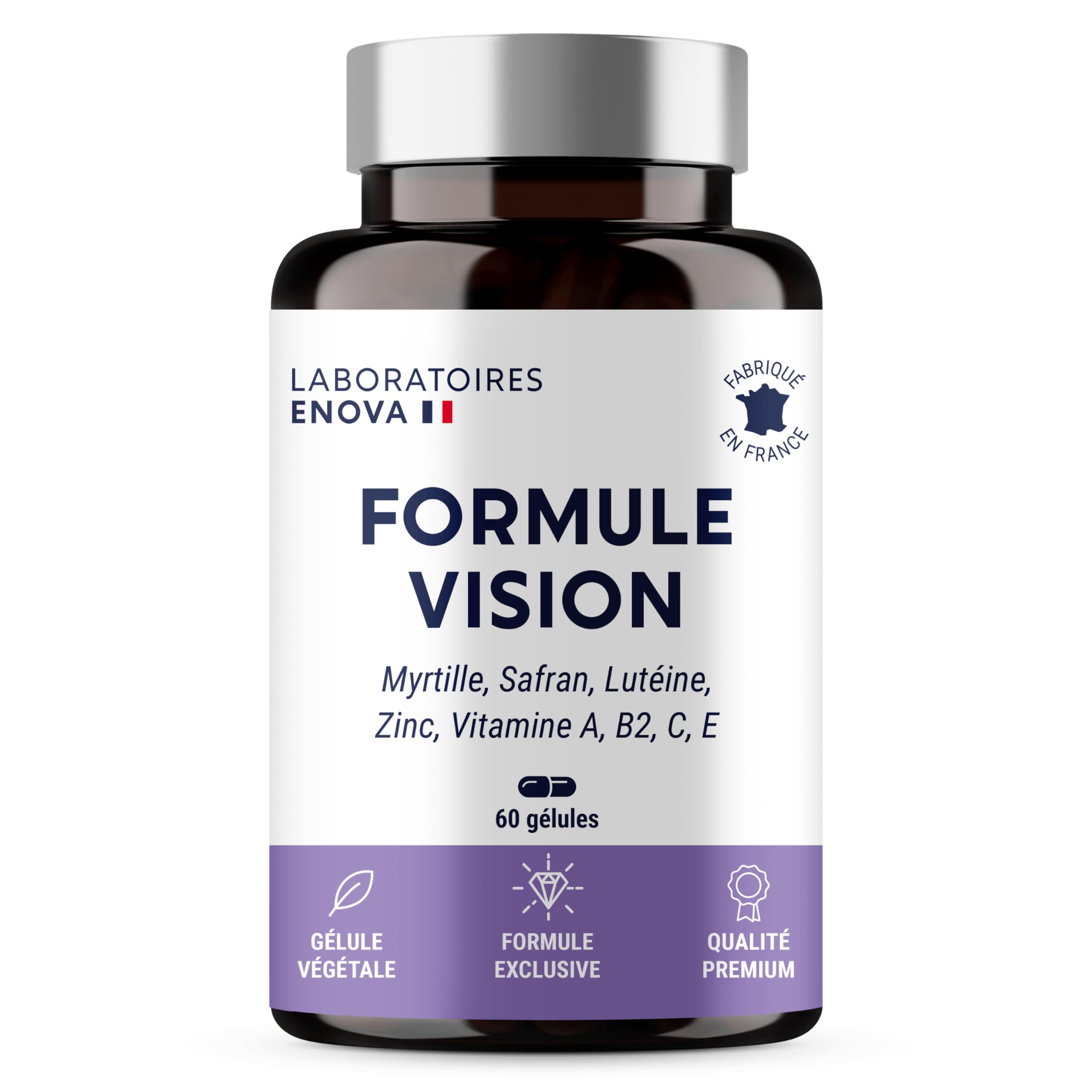 FORMULE VISION | Complément alimentaire pour les yeux | Myrtille, Safran, Lutéine, Zinc et Vitamines | Maintien d'une vision normale, yeux secs et fatigués | 60 Gélules | Fabriqué en France