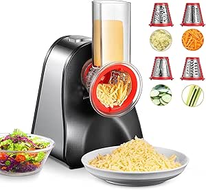 FOHERE Electric Cheese Grater, Electric Grater Shredder with 4 Interchangeable Cones, One Touch Easy Control, Multi Salad Maker for Vegetables, Cheeses and Nuts, 150W