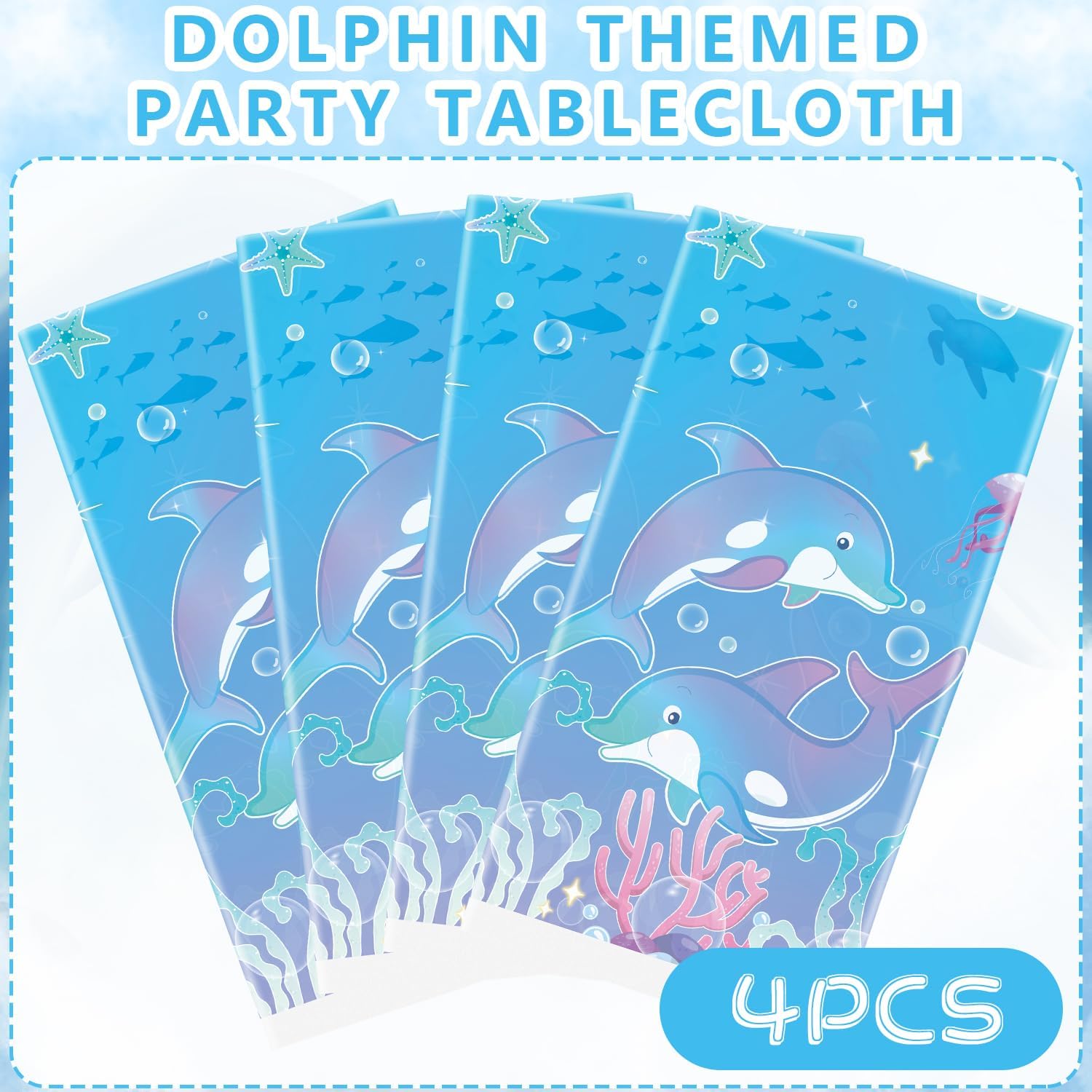4 Pack Dolphin Party Themed Party Tablecloth, Dolphin Birthday Party Supplies Table Cover Decorations Tablecloth, for Ocean DolphinTheme Birthday Baby Shower Party Supplies 52 x 86 Inch