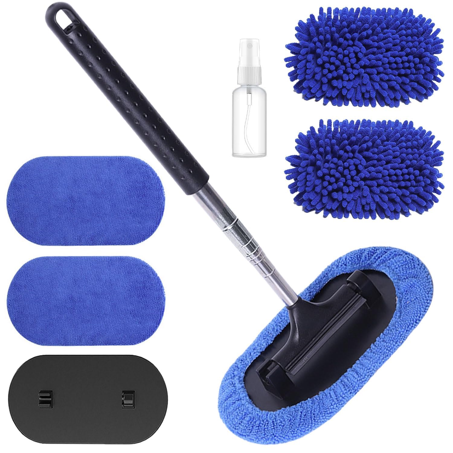 Cepillos Limpiacristales para Coches, Limpiaparabrisas Telescópico 3 En 1, RetráCtil hasta 106 cm, con Paño de Microfibra, Apto para Todo Tipo de Carrocerías, Espejos, Cristales (Azul)