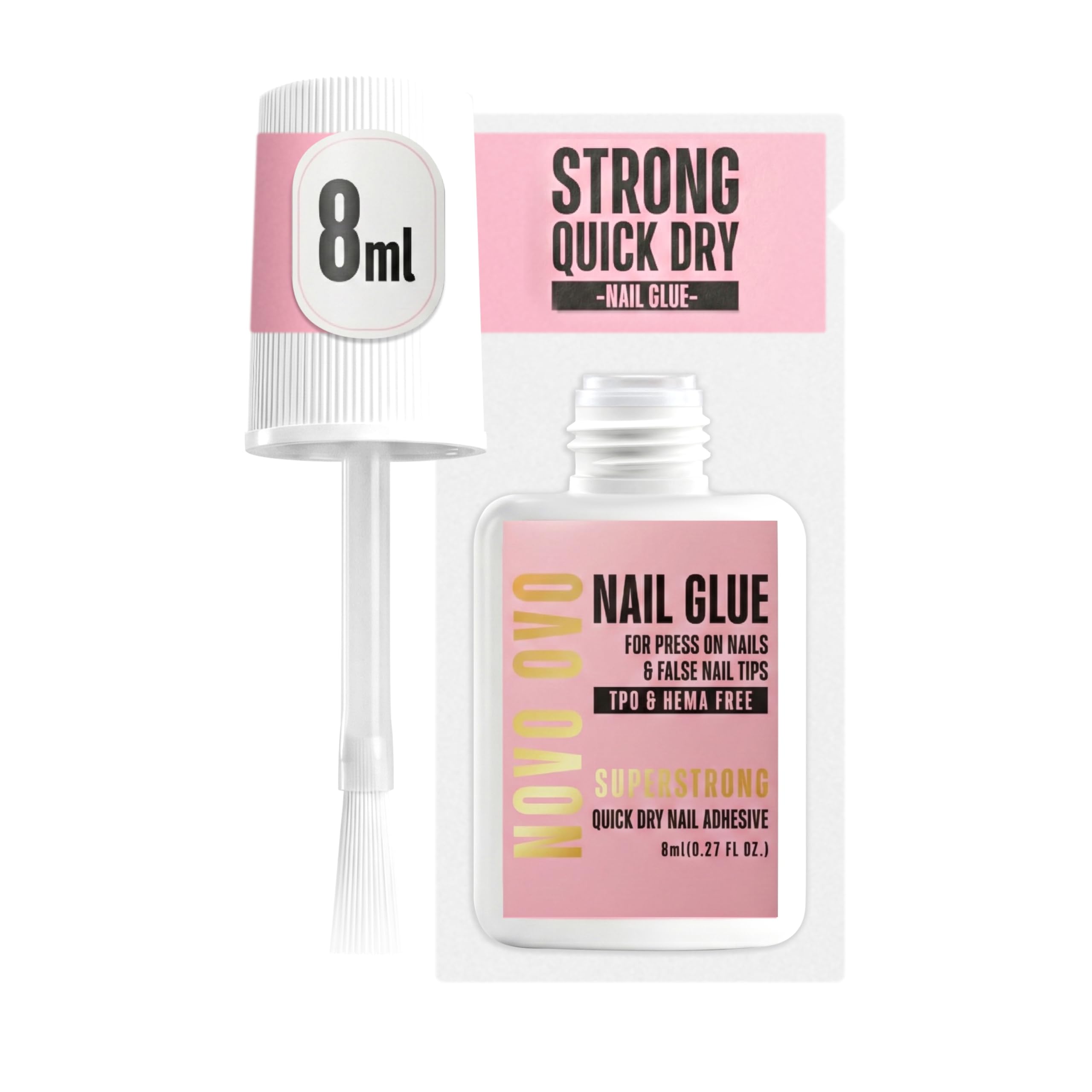 NOVO OVO Klej do paznokci Extra Mocny do Press On Nails i Tipsów (8 ml) – TPO i HEMA FREE. Brush On Nail Glue do sztucznych paznokci, akrylu i pękniętych paznokci. 21+ dni trzymania, 8 s czas