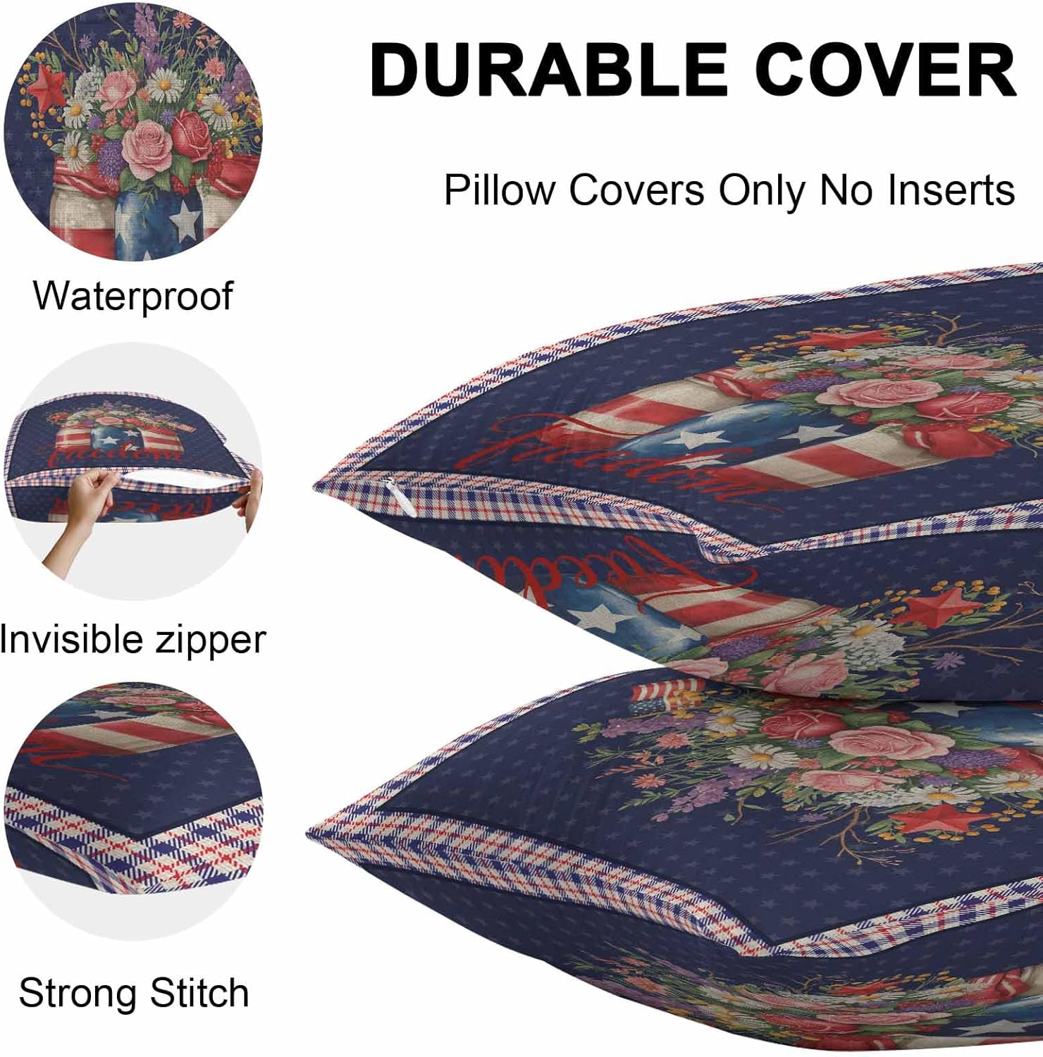 Waterproof Throw Pillow Covers, Independence Day Daisy Flower Tulip American Flag Star Blue Red Plaid Decorative Pillowcase Soft Cushion Case for Patio Couch Tent Balcony, Set of 2 Square, 20"X20"
