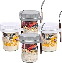 XlavMman Overnight Oats Containers with Lids and Spoons, Set of 4 Mason Jars for Overnight Oat, 10 oz Overnight Oats Jars for Cereal, Yogurt, Fruit, Salad, Chia Pudding (White & Gray)