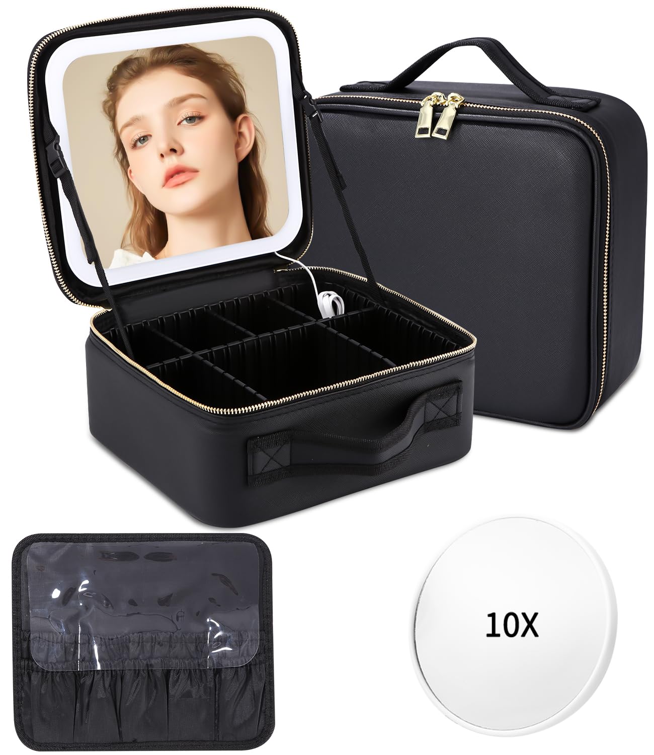 LEAZZLE Maletin Maquillaje con Espejo,Lupa 10x Cosméticos Bolsa organizadora Maquillaje con Espejo Iluminado 3 Modos Color Brillo Ajustable,Portátil Impermeable Estuche Maquillaje,Organizador Maquillaje Viaje