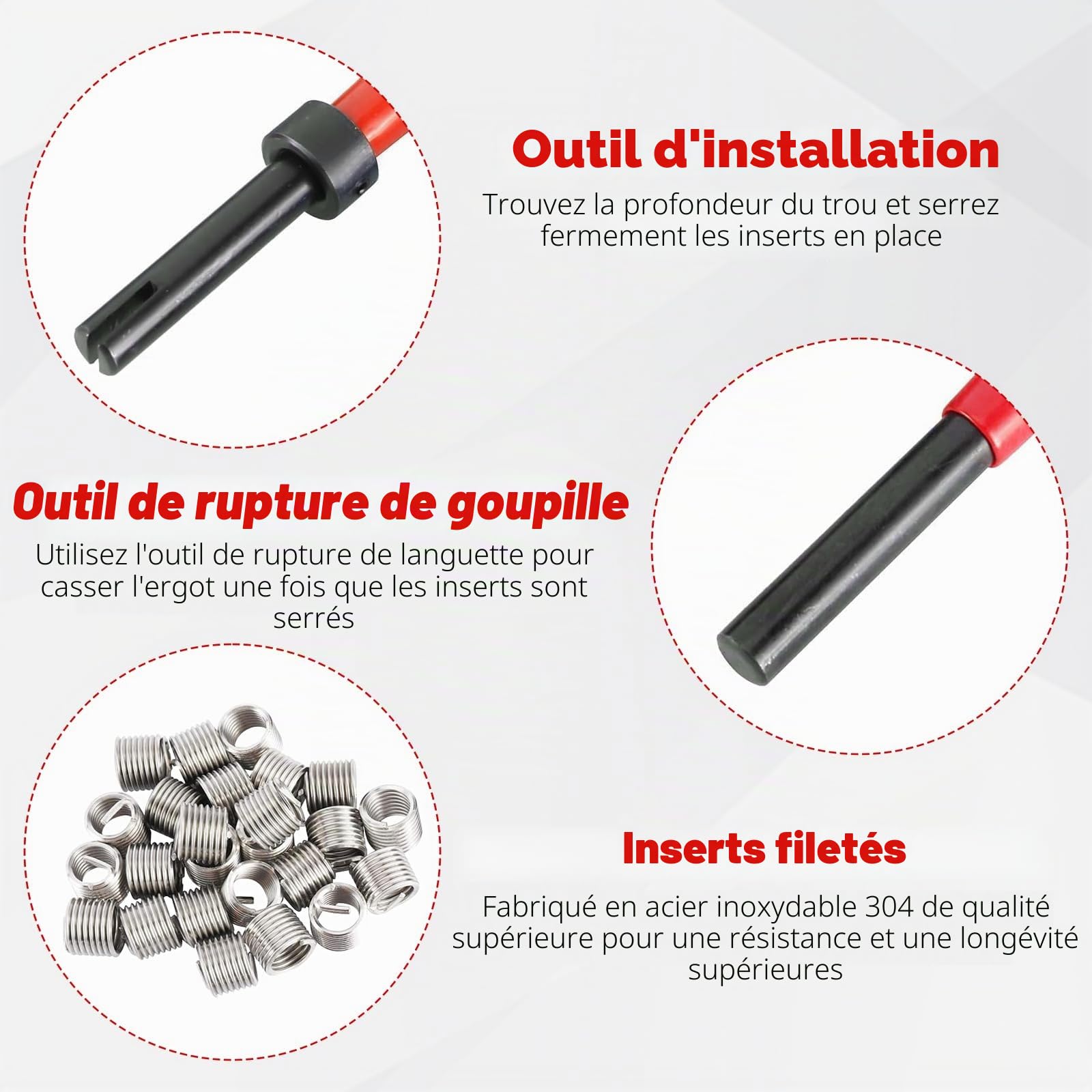 FreeTec 131pcs Kit Réparation Filetage, Kit Helicoil M5 M6 M8 M10 M12, Coffret Réparation Filetage Helicoil avec Forets HSS Tarauds et Inserts Hélicoïdaux pour Bloc-cylindres et Carter d'Huile (Rouge)