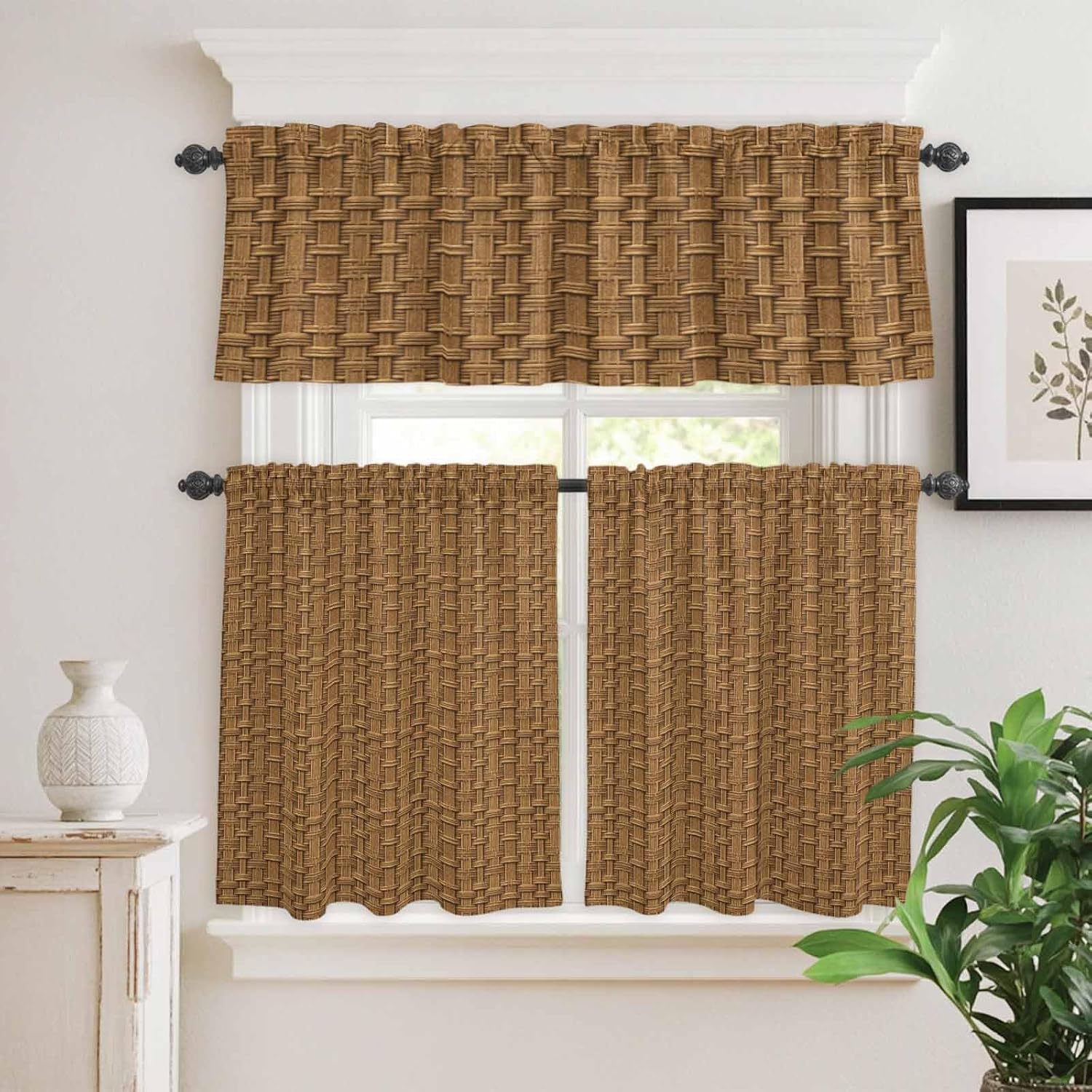 3 Piece Kitchen Curtains and Valances Set Vintage Rattan Cafe Curtains 24 Inch Length Minimalist Abstract Wicker Texture Brown Valance & Tier Curtain for Living Room Bedroom Window 54"x18"+27"x24"*2