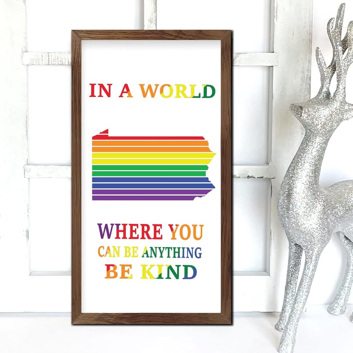 Rainbow Pennsylvania Map Framed Wooden Sign in A World Where You Can Be Anything Hanging Sign Retro Lesbian & Gay Hanging Wall Signs Decor for LGBTQ Queer Gay Lesbian 22x12 in