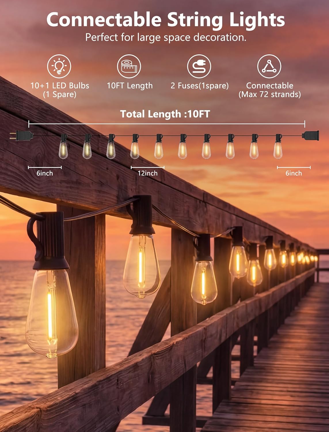 10FT Outdoor String Lights, ST40 Shatterproof Vintage Edison Bulbs, Black Cord Waterproof LED Plug-in Short Patio Light, Indoor Hanging Decor for Porch Balcony