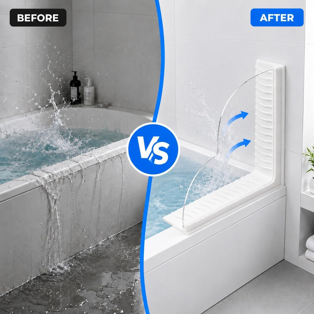 Splash Guard for Bathtub, 2-Piece Shower Splash Guard with Clear Acrylic Panel & Silicone Base, No Adhesive Shower Water Guard for Tub Corner, Shower Guards to Keep Water in Shower (White)
