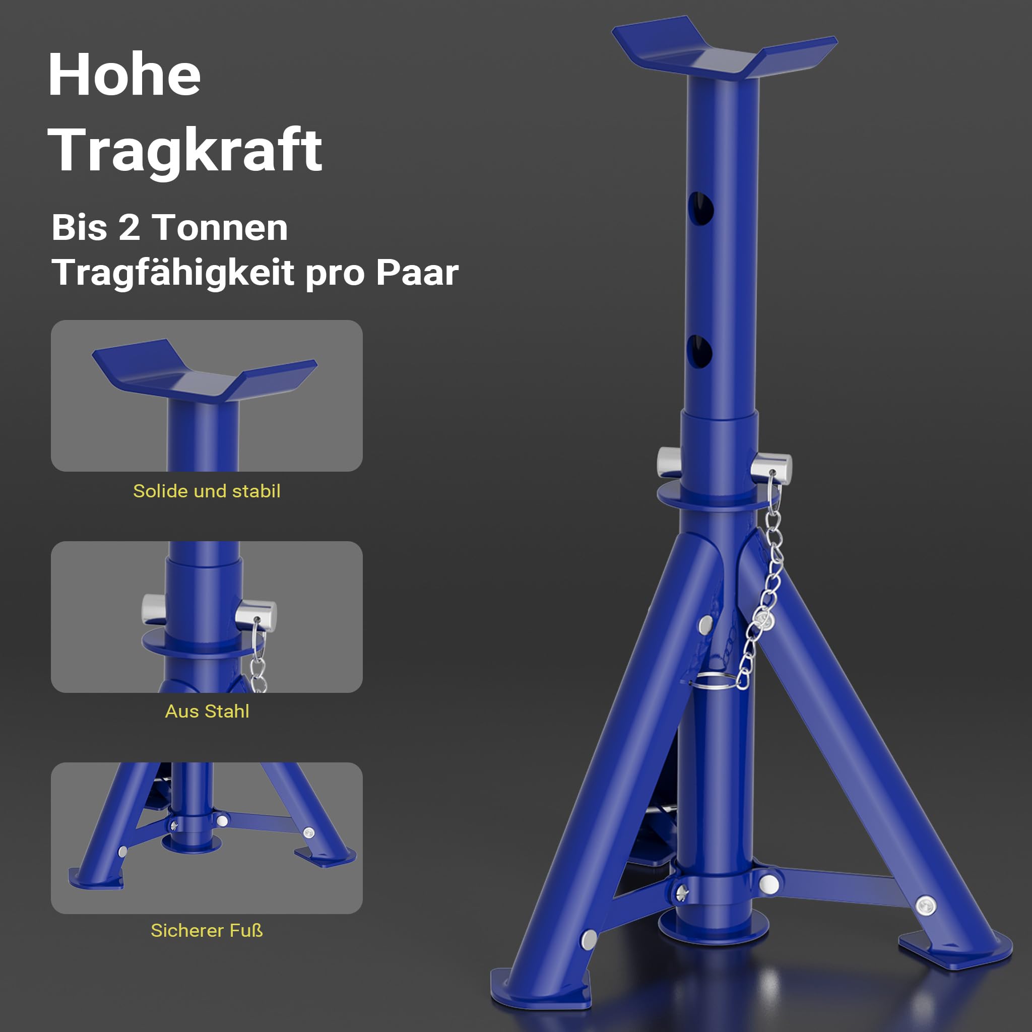 Wiltec Set aus Wagenheber + 2 Unterstellböcke, bis 2 t Hubkraft, Hubhöhe Wagenheber 135-335 mm, Arbeitshöhe Böcke 270-365 mm, Abstellböcke klappbar