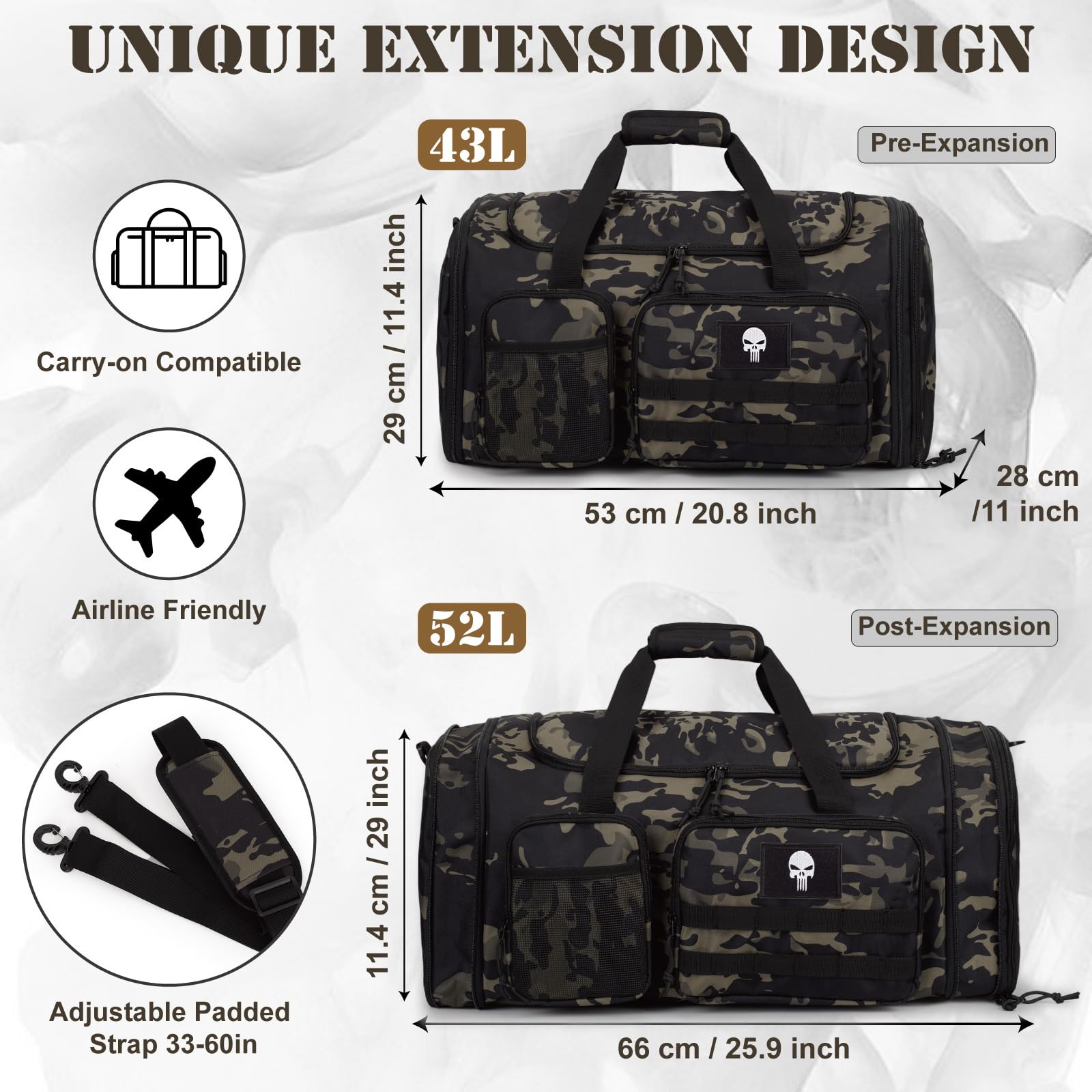 Sac de Sport Tactique Extensible 52L – Grand Sac de Voyage pour Homme avec Compartiment Humide, Sac Multi-Fonction Cabine, Sac Week-End Organisateur