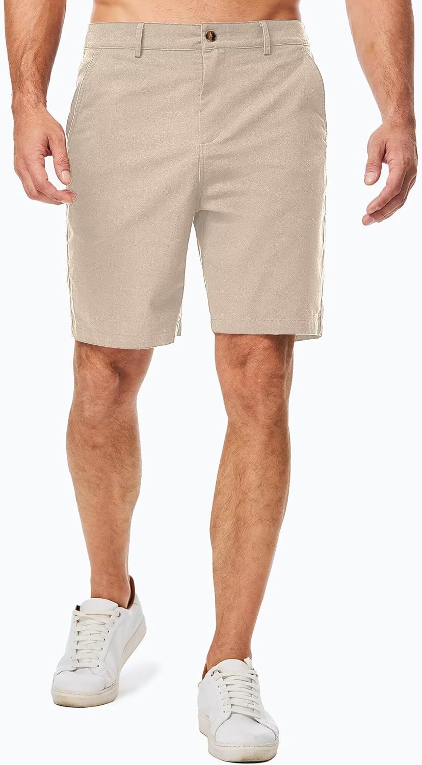 Mens Cotton Linen Shorts Casual Waist Elastic Button Golf Beach Shorts with Pockets - Image 4