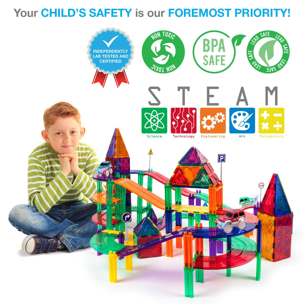 PicassoTiles 128pcs Magnetic Race Car Track Building Block Educational Toy Set Tiles Magnet Playset 3 LED Car STEM Learning Construction Kit Fine Motor Skill Training Brain Development for Kids Age3+