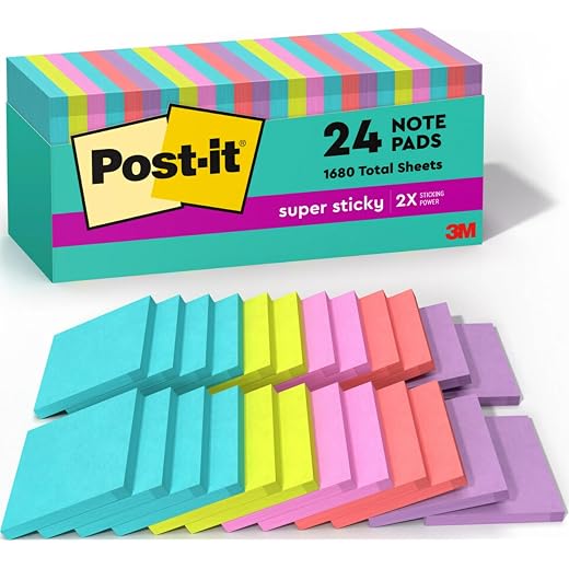 Post-it Super Sticky Notes, 3 x 3 in, Supernova Neons, 24 Pads