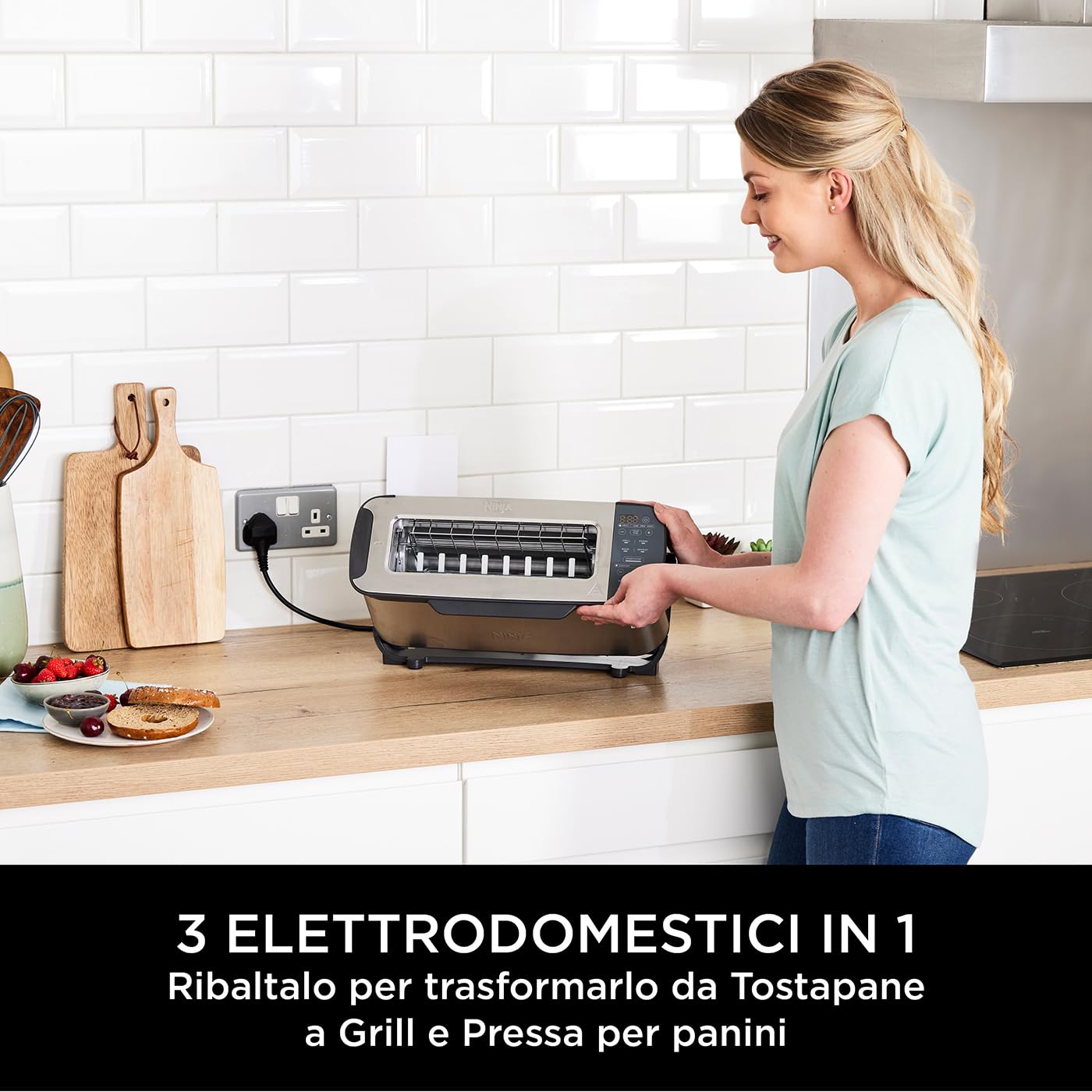 Ninja Foodi 3-in-1 Tostapane, con Griglia e Pressa per Panini, 7 Funzioni di Cottura, 7 Livelli di Tostatura, Include Teglia e Vassoio Raccogli Briciole, Acciaio Inox ST202EU