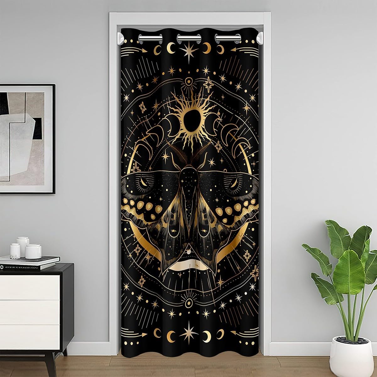 Castle Fairy Death Moth Door Curtain for Privacy Sun and Moon Galaxy Tribal Blackout Curtain for Bedroom Decor Purple Blue Neon Light Curtains Drape for Closet Room Divider Curtains 34" W x 80" L