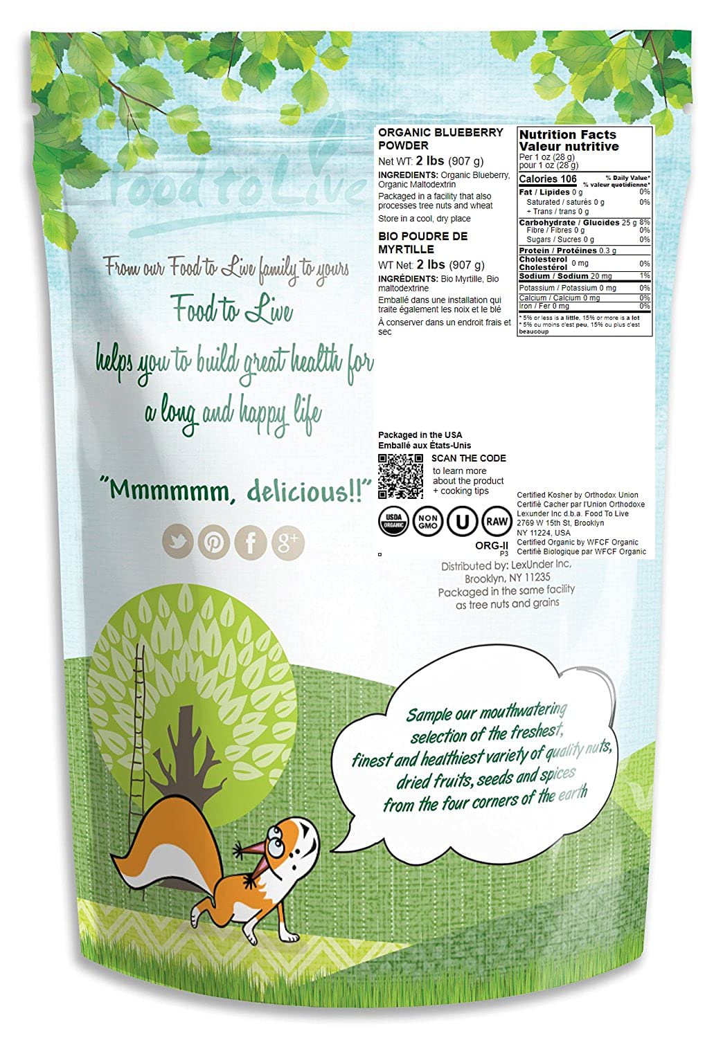 Food to Live Organic Blueberry Juice Powder, 2 Pounds - Non-GMO, Unsulfured, Raw, Vegan, Bulk, Great for Juices, Smoothies, and Instant Breakfast Drinks, Contains Maltodextrin, No Sulphites