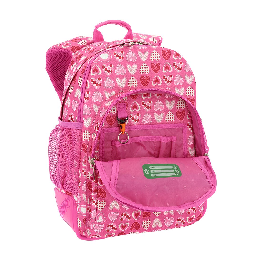 Totto - Zaino Scuola, Modello Crayoles, Capacità 20 L, Beauty Case e Borsa per Scarpe Removibili, Tasca per Bottiglia, Schienale ergonomico con flusso d'aria, Comodo e Resistente, Stampa Cuori Rosa