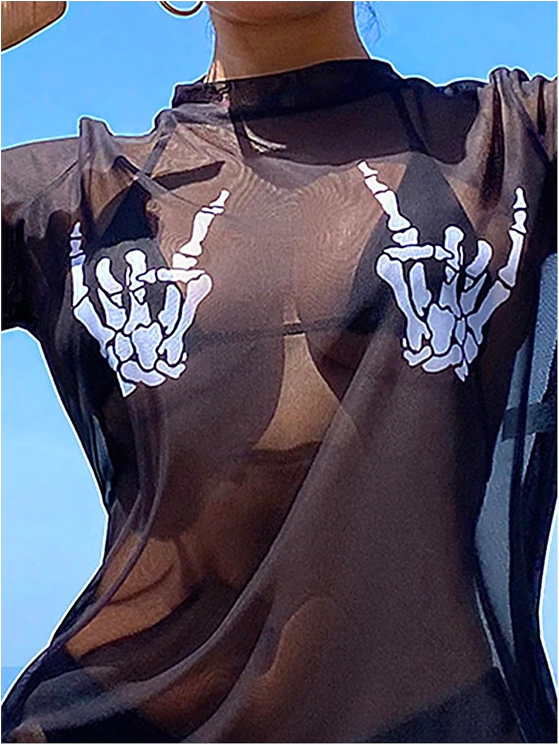 WDIRARA Women's Goth Graphic Sheer Mesh Cover Up Short Sleeve See Through Beach Dress - Image 3