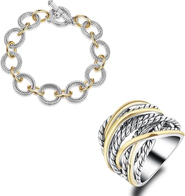 Mytys Link Bracelet for Women Gold and Silver Ring Jewelry Sets for Women Ring size 8