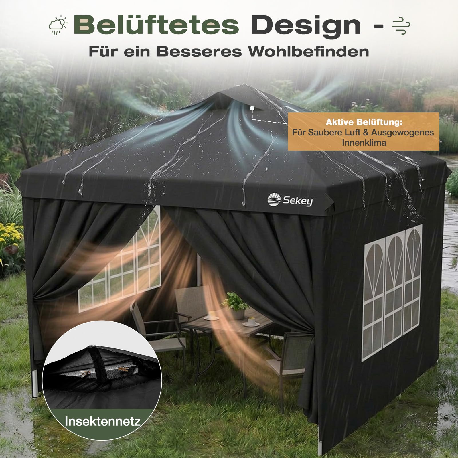 Sekey Tonnelle Pop-up 3 x 3 m, étanche, Stable, résistante à l'hiver, Pliable, 3 x 3 m, avec parois latérales, Hauteur réglable en 3 Niveaux (Noir, 3x3 avec parois latérales)