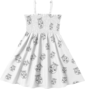 Exnundod Girls Casual Dress Smocked Spaghetti Strap Dress Lyre Pattern Repeating Design Sleeveless Sundress 2-8T