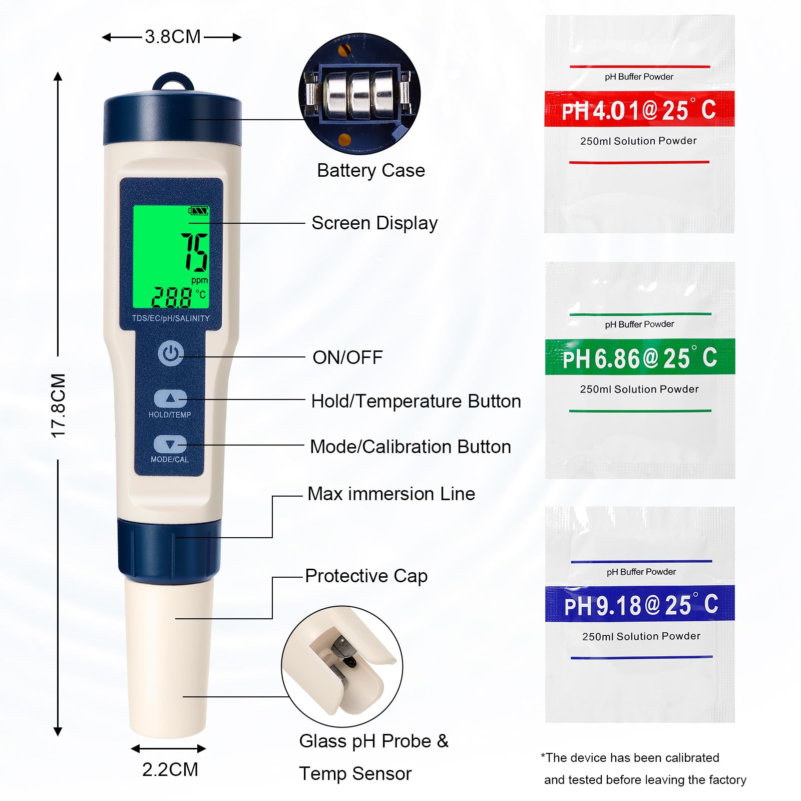 pH Mètre 5 en 1, Testeur de Qualité de l'Eau pour pH/TDS/EC/Salinité/Température, pH Mètre Numérique avec LCD Rétroéclairé et Étalonnage Automatique pour Eau Potable, Hydroponie, Piscine, Aquarium