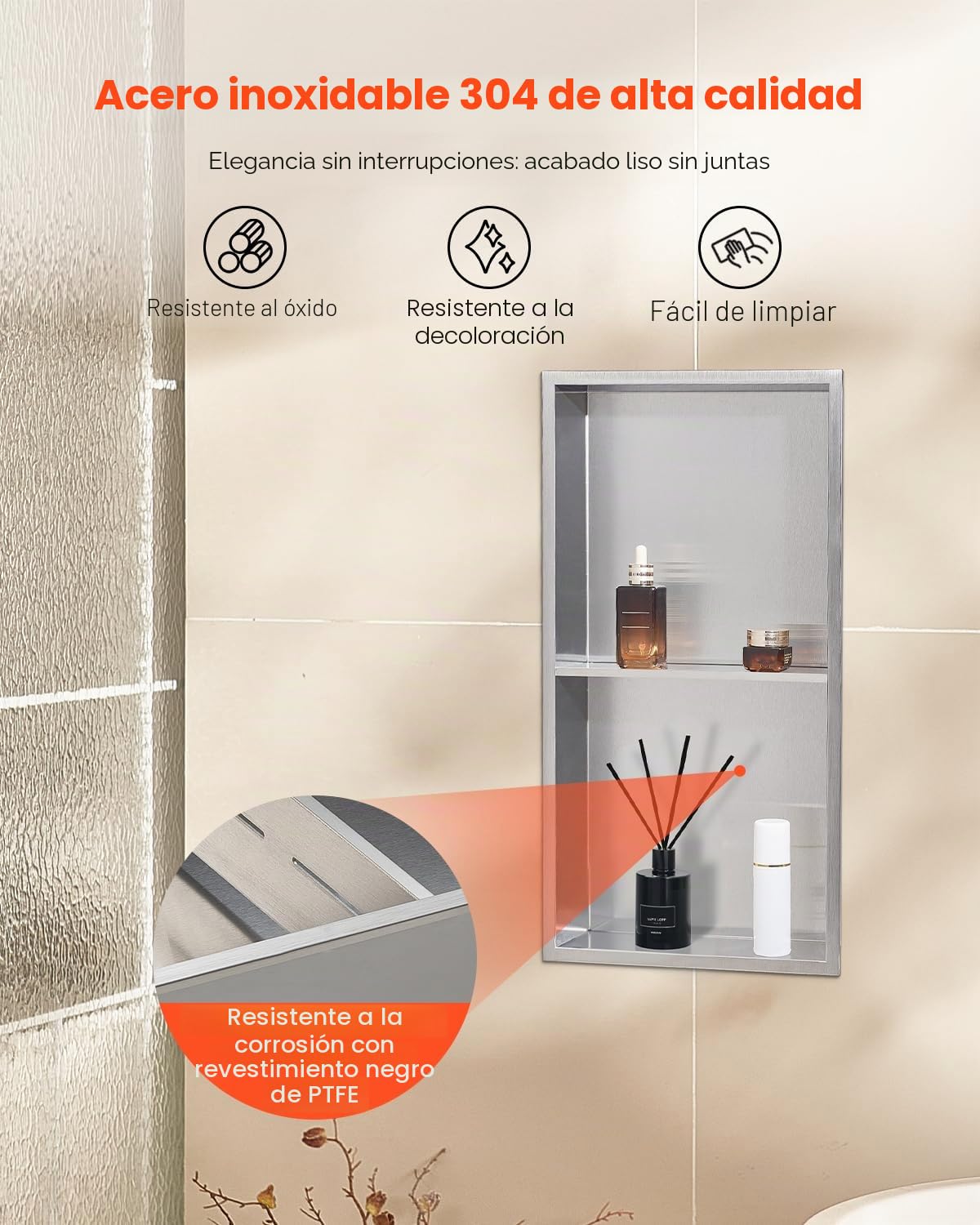 VEVOR Nicho de Ducha Empotrado 33x63,5x10,2 cm Estante Divisor de Pared de Acero Inoxidable Organizador de Jabón y Champú con Marco Sellado Impermeable Duradero Fácil de Instalar para Baño, Plata
