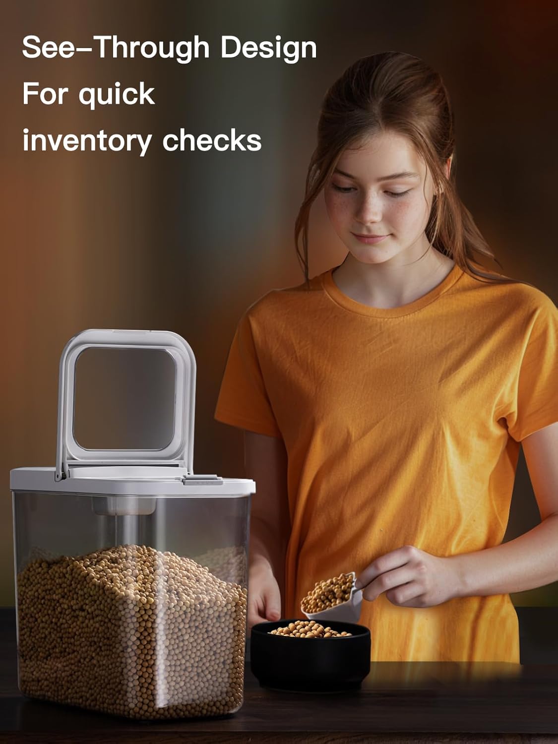 LivLab Mker 20-25 lbs Rice Dispenser with measuring spoon - 11.4Qt/12L Large Airtight Food Storage Rice Container for Cereal, Flour - BPA-Free PET, Slim Space-Saving - Image 2