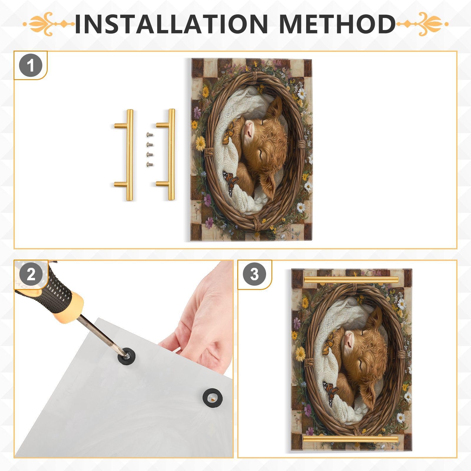 GUIJI Highland Cow Acrylic Tray, Perfume Cosmetic Jewelry Decorative Trays Bathtub Organizer, Living Room Kitchen Serving Tray with Gold Handles