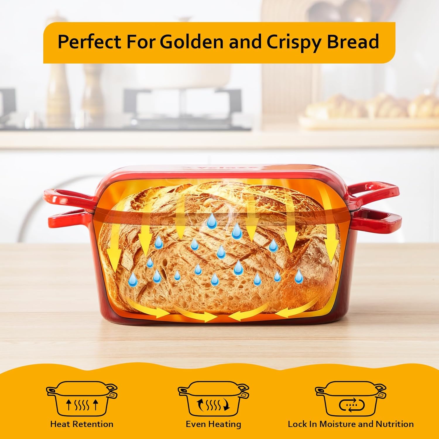 Velaze 3.6QT Dutch Oven for Bread Baking,Oval Cast Iron Enameled Bread Oven Pan with Lid and Offset Handles,Oven Safe to 500°F for Homemade Sourdough Bread(Red)