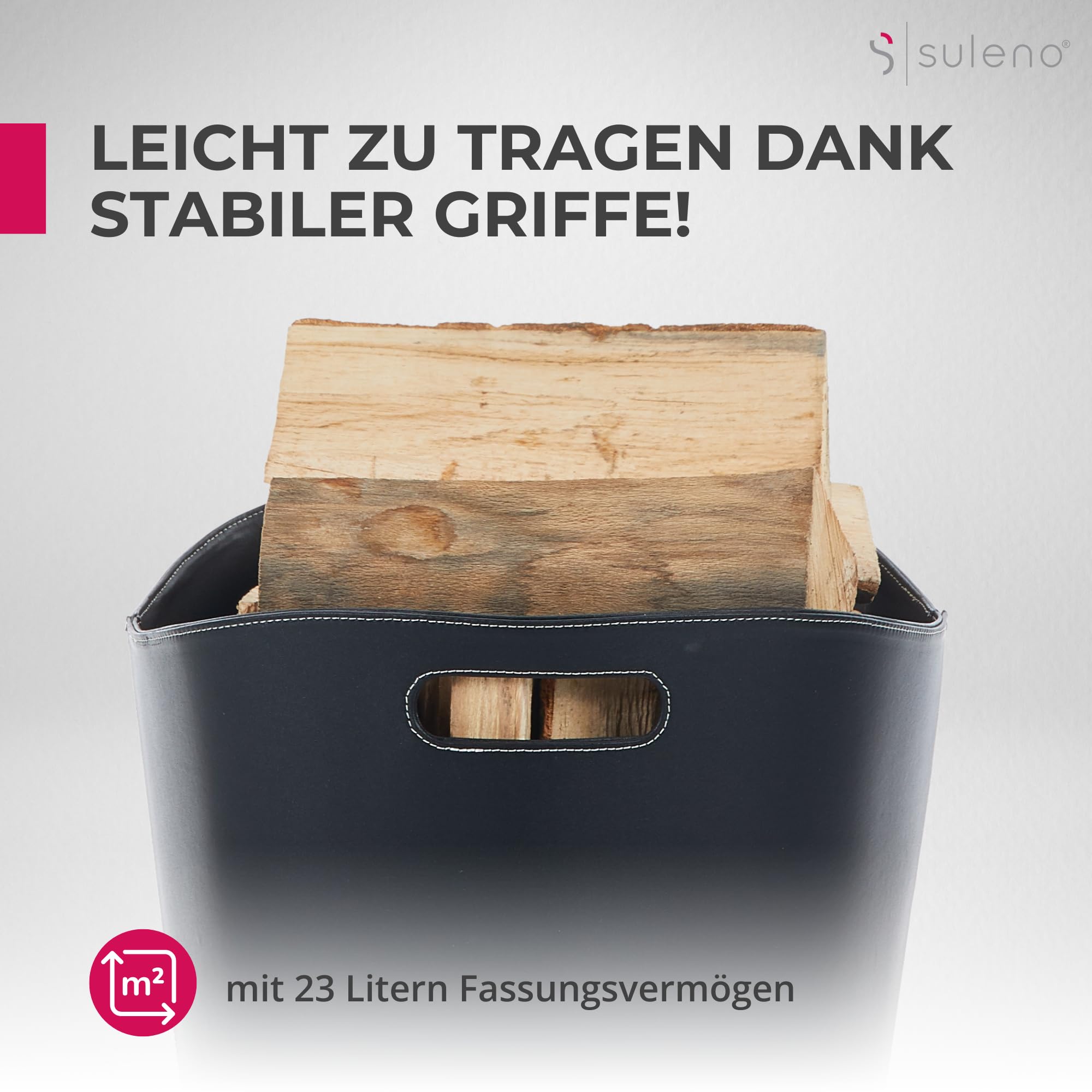 SULENO Holzkorb WEXFORD Brennholzkorb Kunstleder, L - 31,5 x 39,5 x 38 cm | schwarz, Kaminholz, Kaminholzkorb