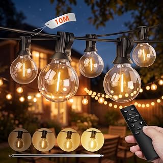 litogo Lichterkette Außen mit Fernbedienung, 10M LED Outdoor Lichterkette Strom mit Dimmbar & Timer, Wetterfest Lichterketten G40 Glühbirnen für Balkon Garten Party Pavillon Terrasse, Warmweiß