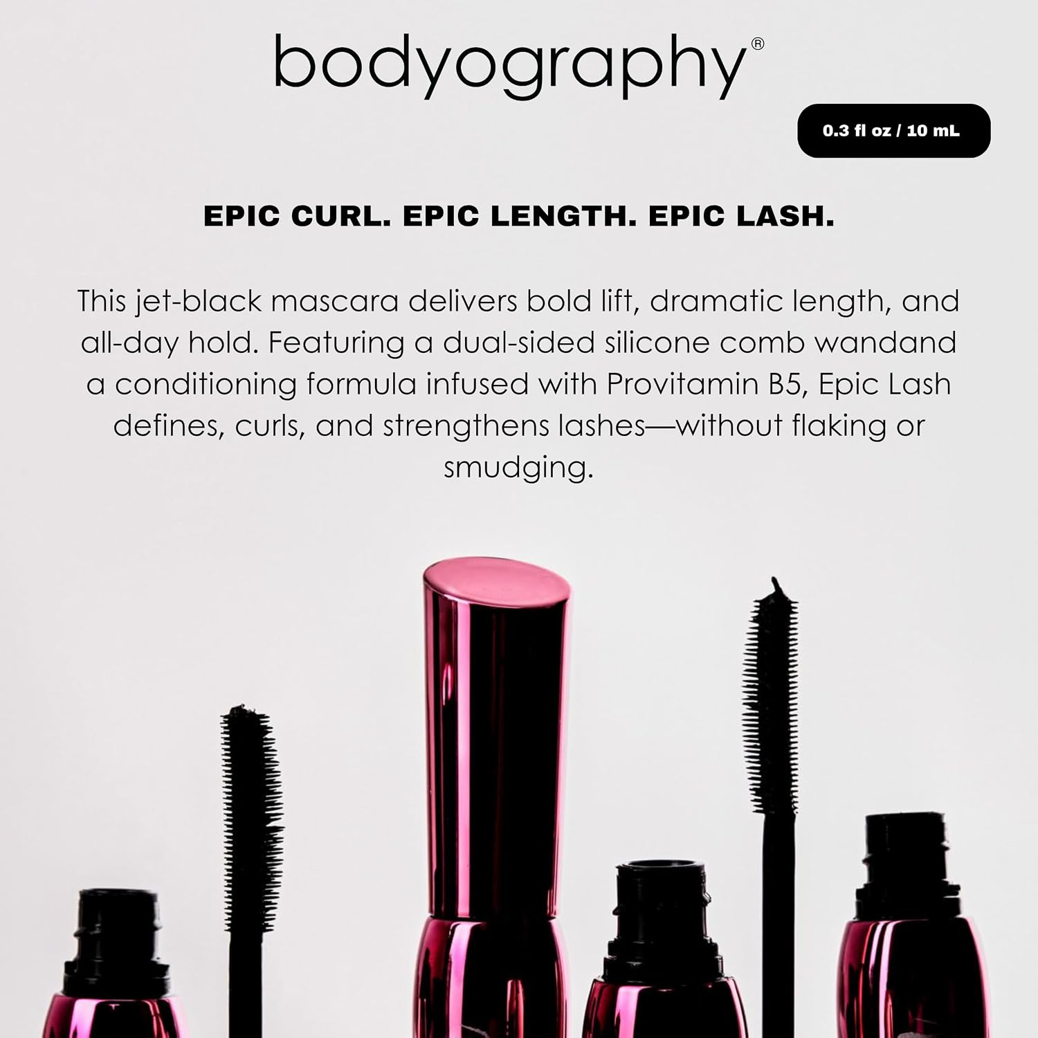 Bodyography Jet-Black Lengthening & Curling Mascara | Dual-Sided Silicone Comb Wand for Volume & Lift | Infused with Provitamin B5 for Conditioning | Smudge-Free, Flake-Free, Buildable Formula