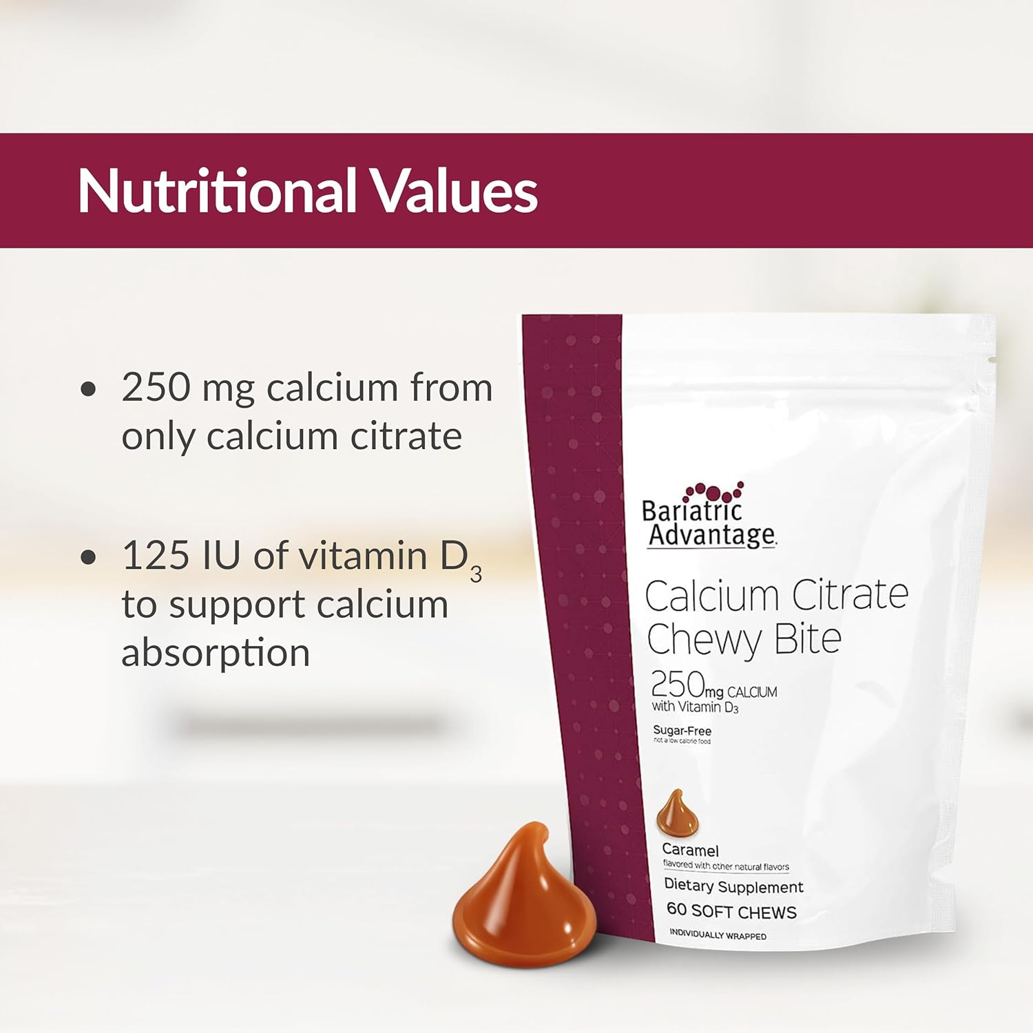 Bariatric Advantage Calcium Citrate Chewy Bites 250 mg with Vitamin D3 - Chewable Supplement for Bariatric Surgery Patients - Sugar-Free Calcium Chews - Caramel Flavor - 60 Count - Image 5