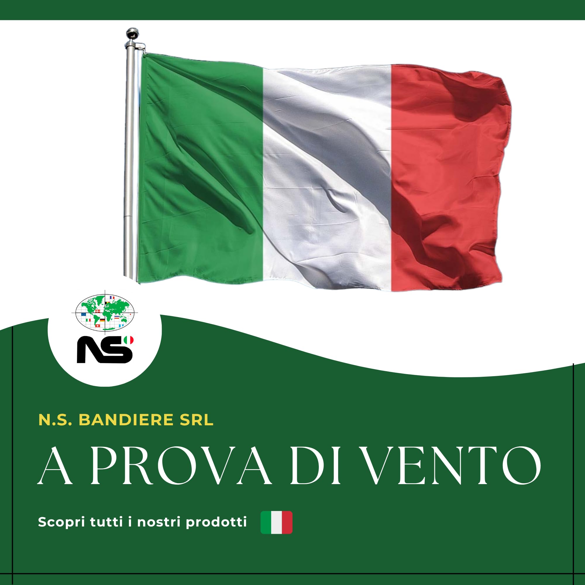 NS BANDIERE | Bandiera Italia Grande cm 200x300 in Tessuto Pesante Stamina Nautica 220gr Antivento Resistente con Corda Laterale e Gancio di Rinforzo