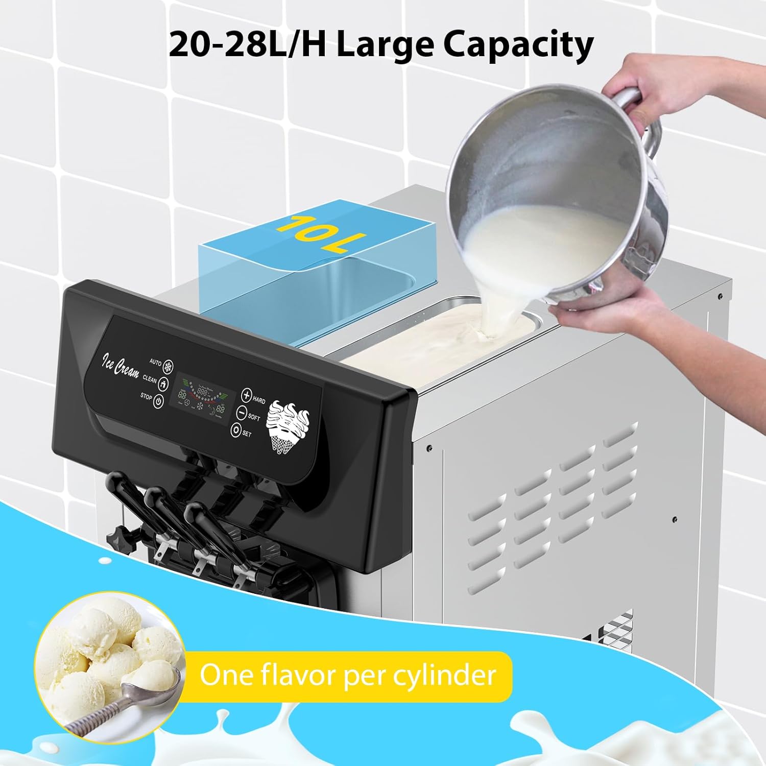Takywep Commercial Ice Cream Machine - 2200W Soft Ice Cream Maker 5.3 to 7.4 Gal/Hour, 2 X 6L Rangers, LED Display, 3 Flavors Ice Cream Maker for Restaurants Snack, Cream Shops, Silver