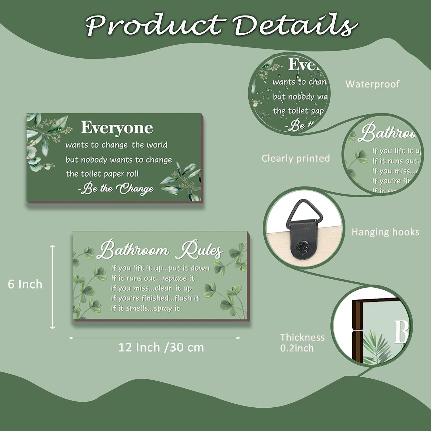 DONFENTHY 2 Pcs Green Bathroom Rules Decor Sage Green Farmhouse Wooden Green Wall Art Sage Bathroom Accessories for Toilet Decor(12x6 Inch) image 3