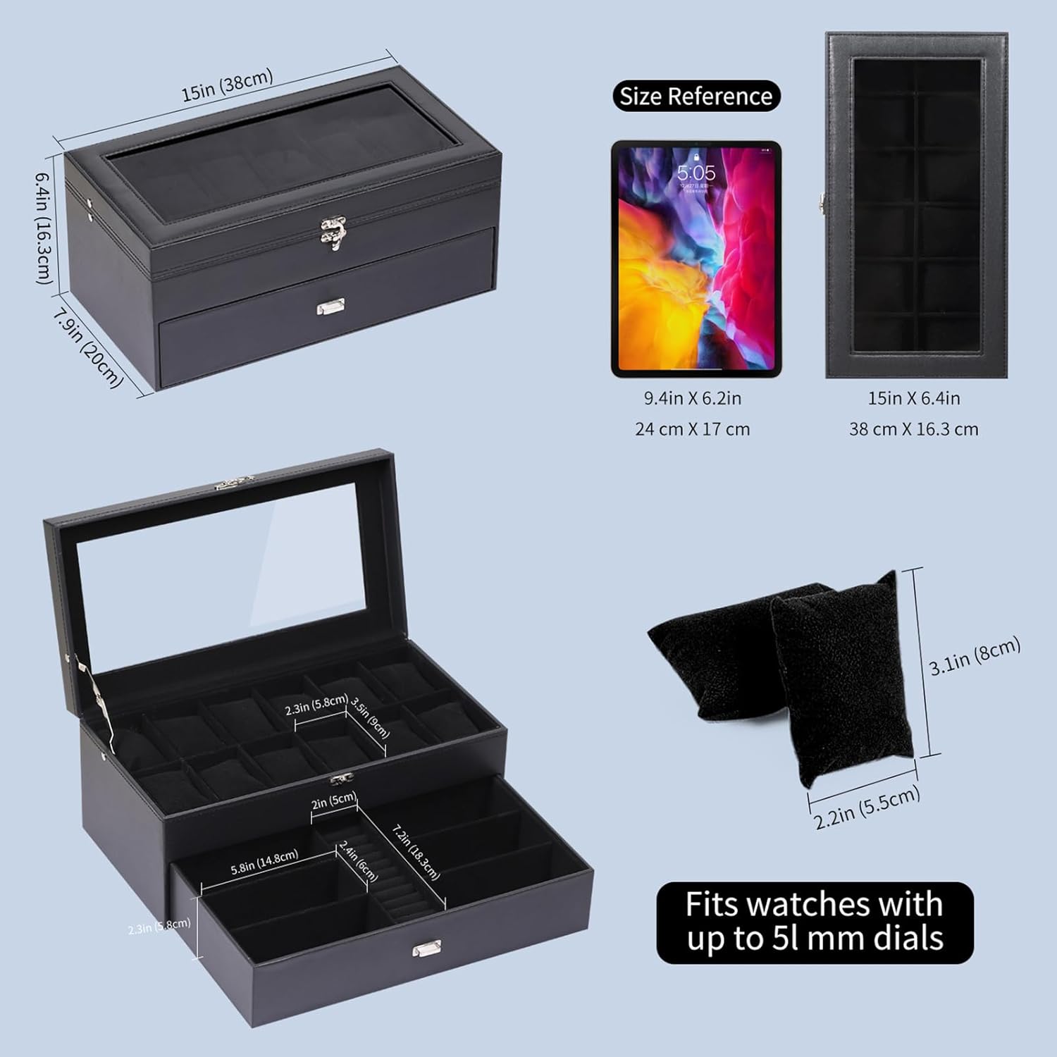 AUTOARK Leather & Velvet 12 Watch Box Jewelry Case and 6 Piece Sunglass Eyeglasses Organizer,2 Layers with 1 Drawer,Lockable,Large Glass Top,Black,MKAW039