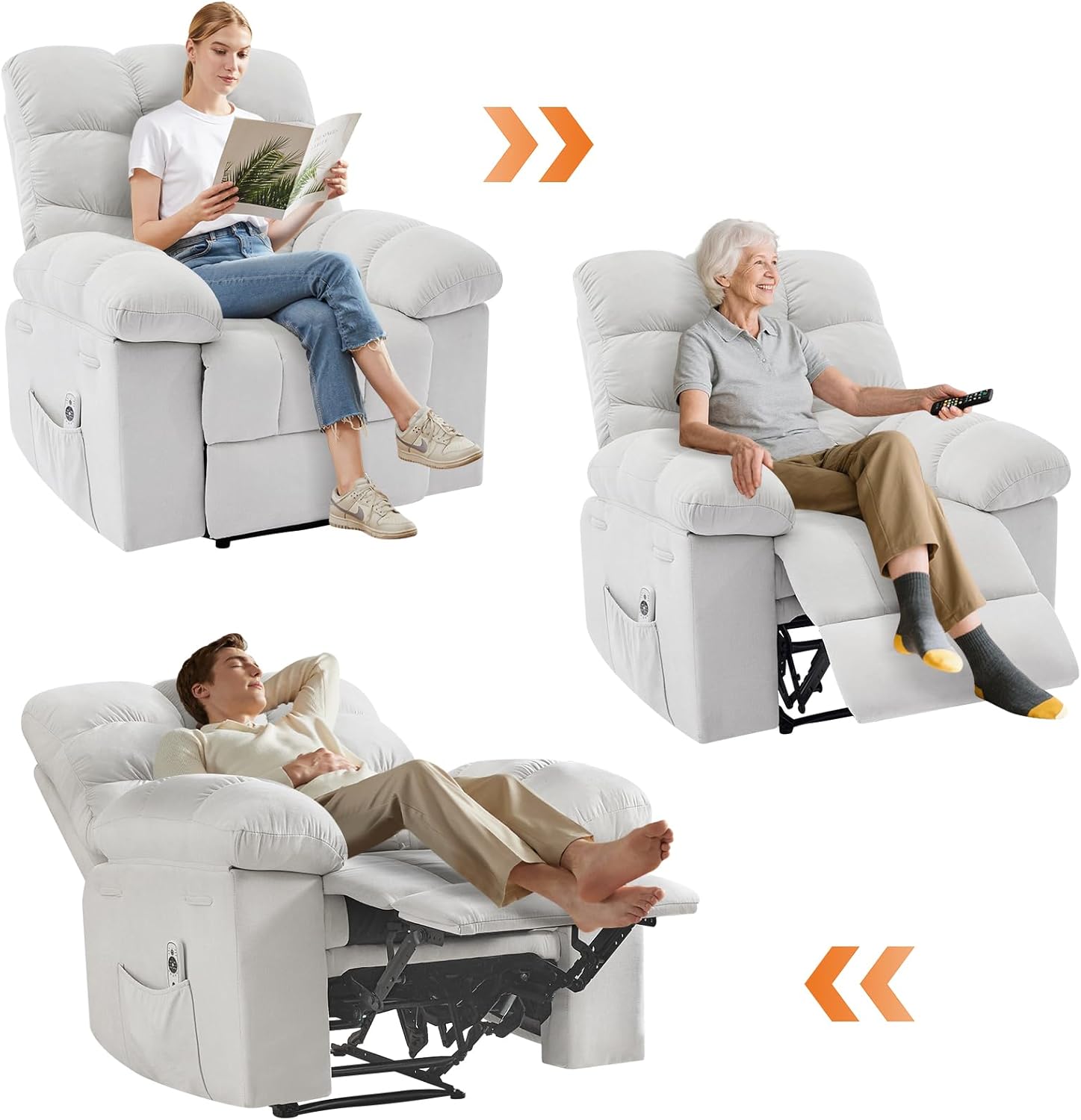 Massage & Heating Recliner Chair for Adults, 150° Manual Oversized Recliner with Extra Wide Plush Seat, Soft Overstuffed Chair for Living Room, Bedroom,Beige