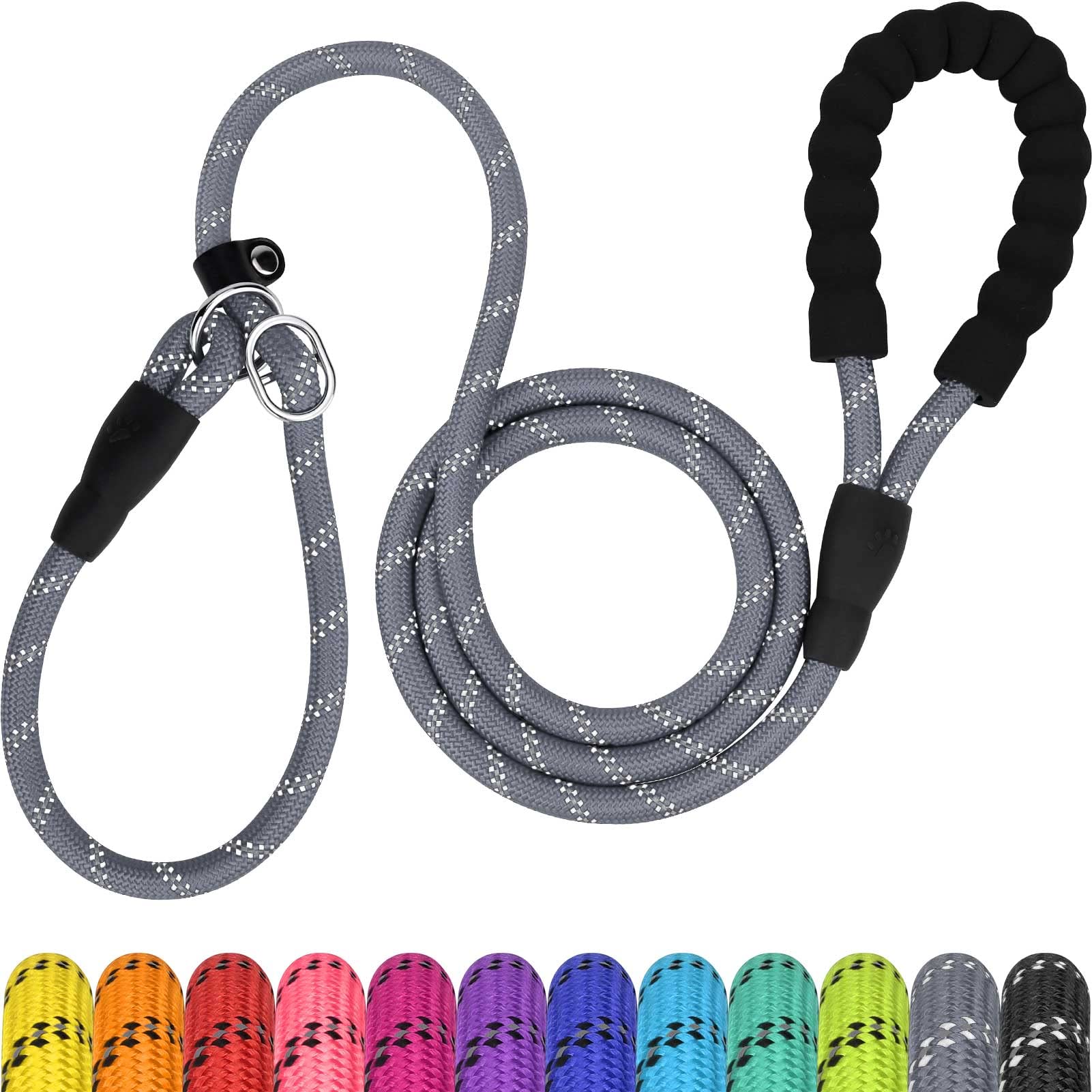 TagME Slip Leads for Dogs, 6 FT Heavy Duty Slip Leash with Padded Handle, Strong Rope No Pull Pet Training Leash for Medium Dogs,Gray