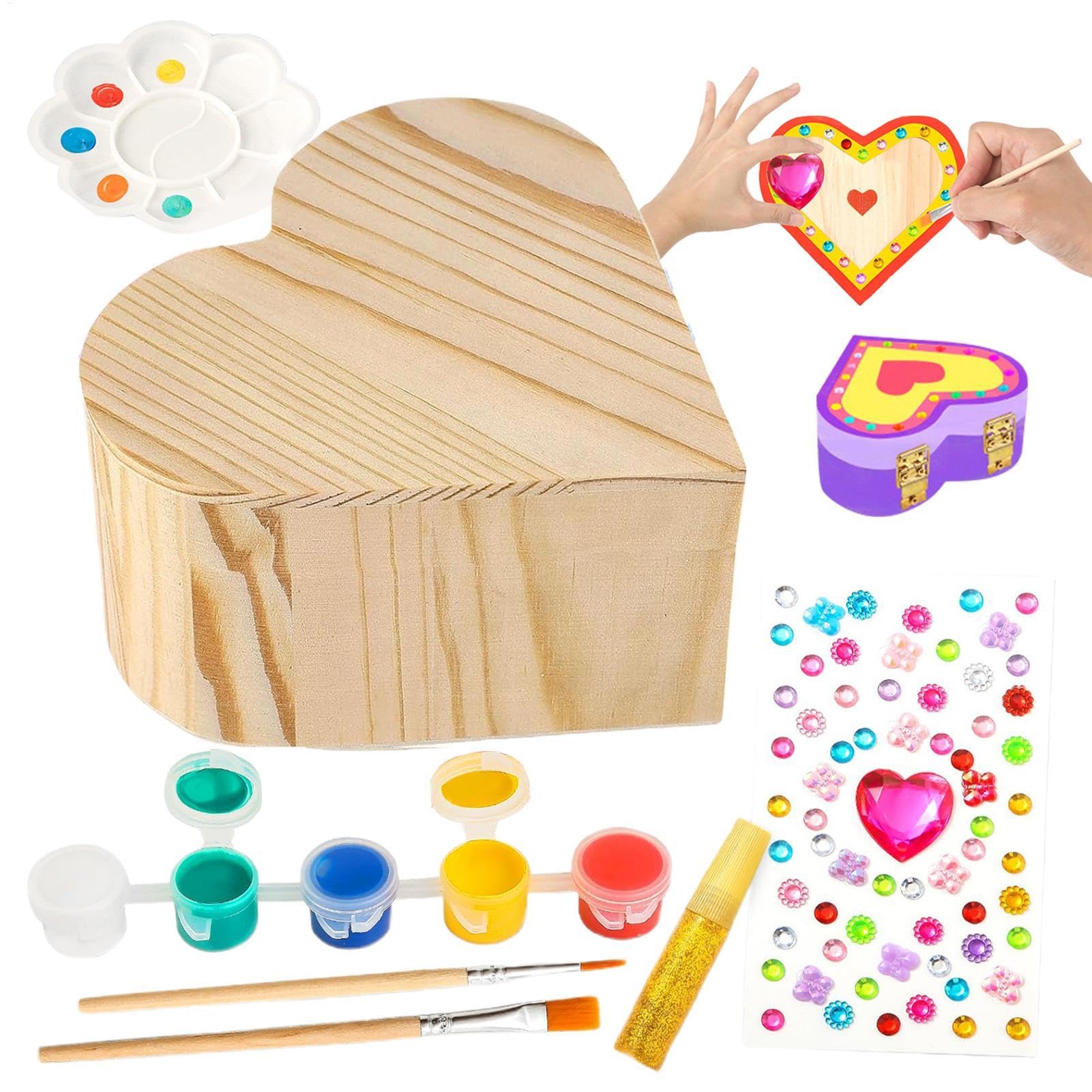 Crea tu propio joyero, un kit de manualidades de un cofre de madera, un juego de arte para un cofre del tesoro para niños pequeños y un kit de pintura para decorar un cofre del tesoro con corazones