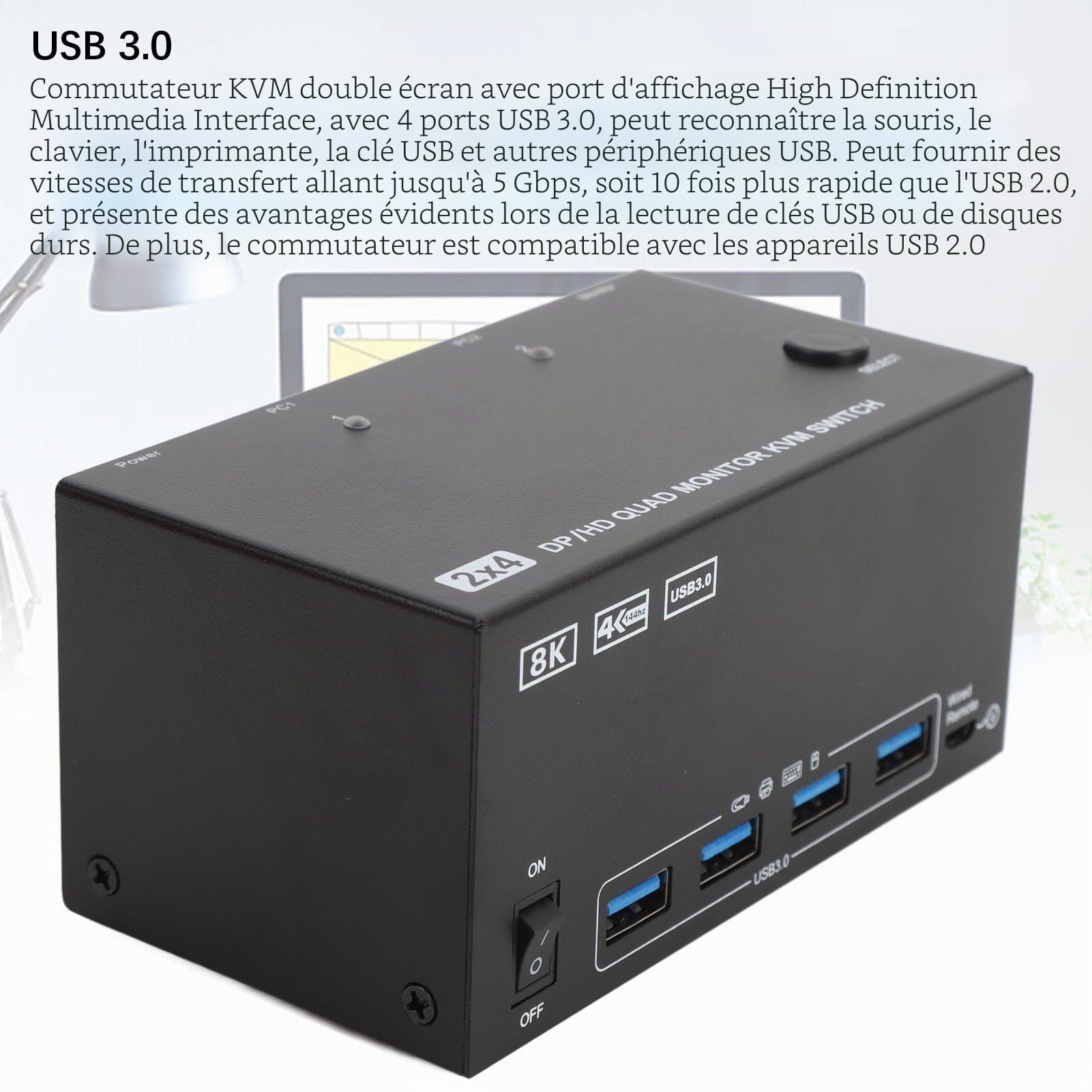 4 Moniteurs KVM Switch avec 4 Ports USB 3.0, 2 Ordinateurs HD 8K 60Hz Displayport (Prise UE)