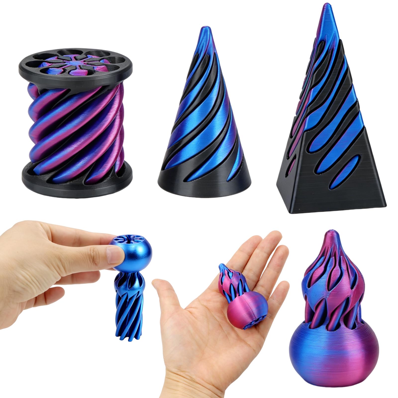 KASURE 4 PCS Impossible Cone Fidget Toys, 3D Printed Spiral Cone Fidget Toy for Stress Relief Two-tone Impossible Pyramid Passthrough Sculpture Fun Desktop Decorations Toy for Kids Adult Gift