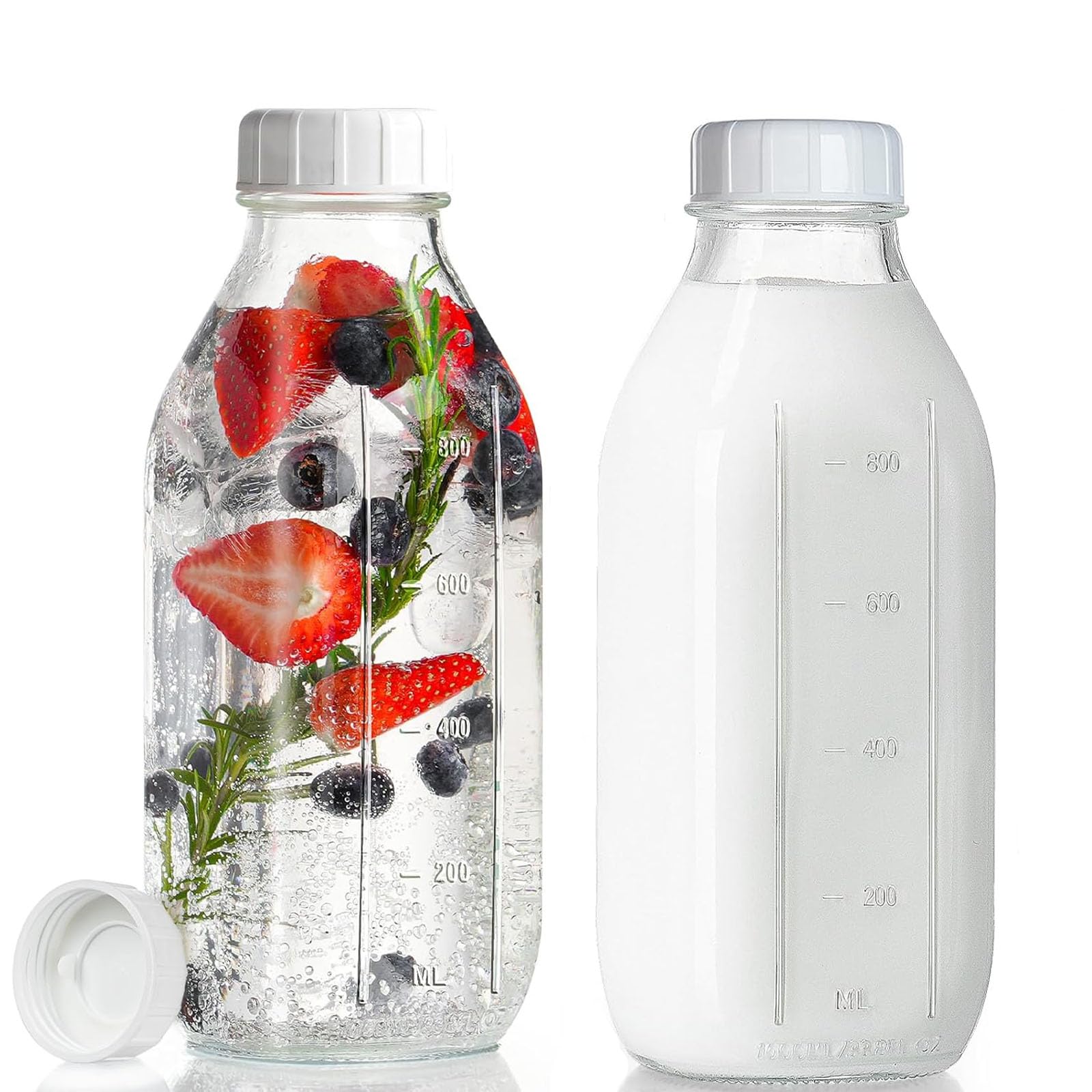Pistisjack Transparent Set Of 2 Glass Bottles With Lid, 1 Litre, Smoothie Bottle, Glass Storage Jars, Juice Bottle, Glass Container For Overnight Oats, Cereal, Yogurt, Salad, Pudding, Oil, Milk, Juice And