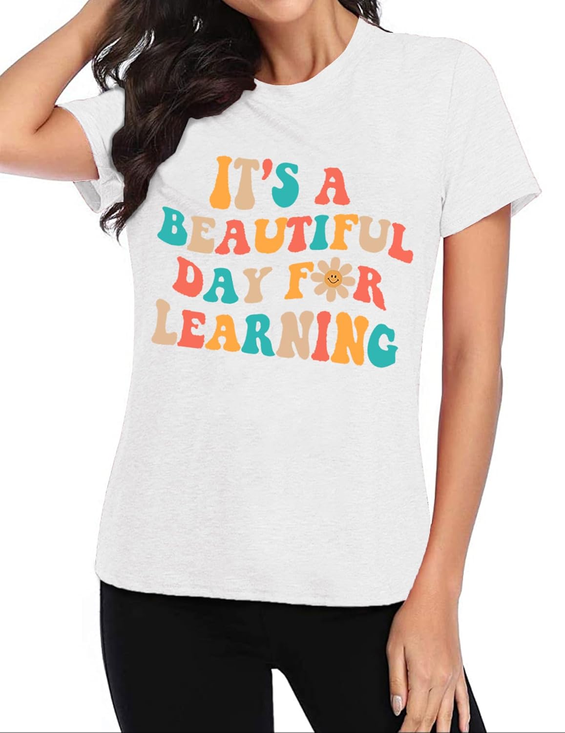Teacher Shirts for Women It's a Beautiful Day for Learning T-Shirt Book Lovers Letter Printed Short Sleeve Tee Tops - Image 3