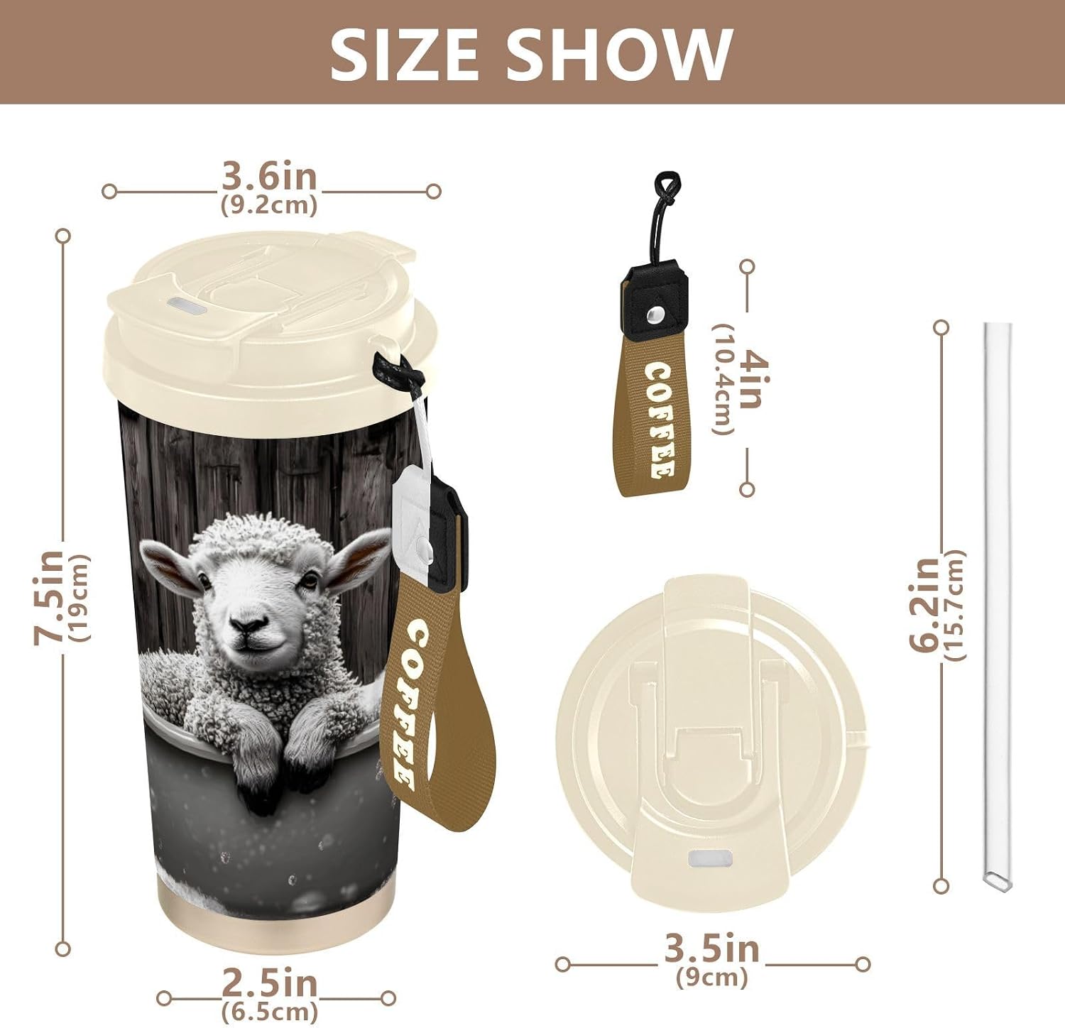 Insulated Coffee Mug Sheepbathtub Retro with Straw & Flip Lid, 16.9oz Iced Tumbler Cup, Double Wall Vacuum Mug for Travel Office Camping