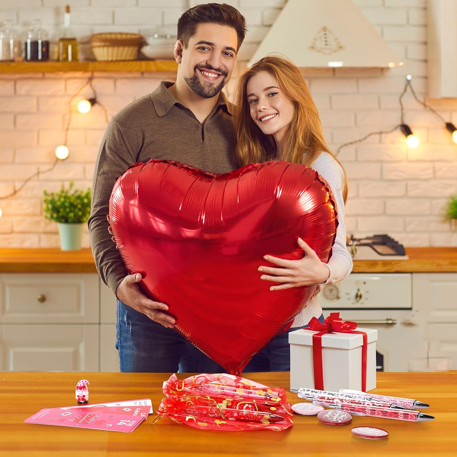 24 Sets Valentine's Day Gift Bulk Heart Ballpoint Pens Gnomes Figurines Brooch Pins with Greeting Cards and Organza Bags, Black Ink Pens Red Pink Gift for Valentine's Day Party Favors (Style 2)