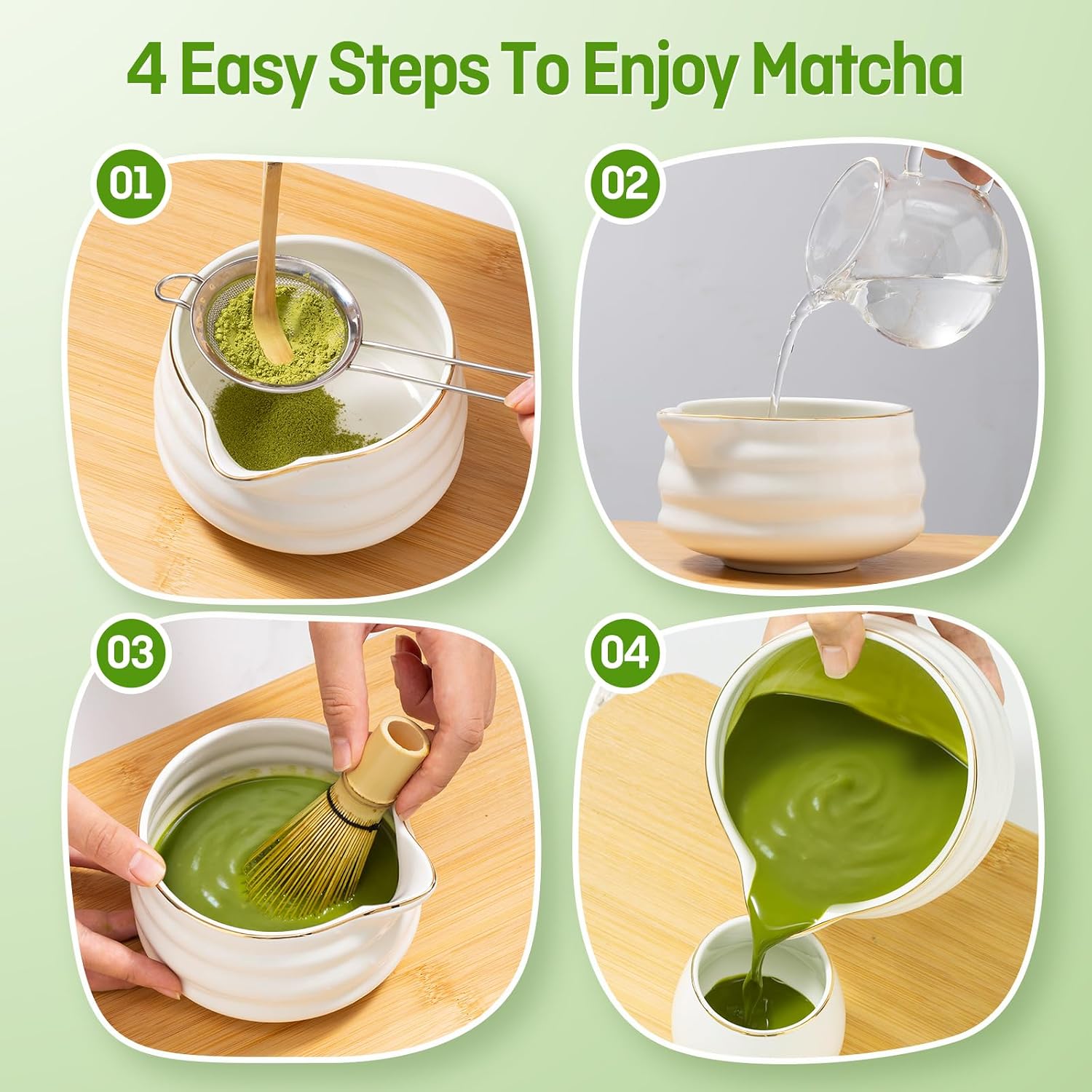 9-Piece Japanese Matcha Set, White Ceramic Tea Making Kit Gift Box | 18oz bowl, 2 gold-inlaid cups, sifter & whisk holder, handcrafted bamboo tools, ideal gift for beginners & matcha tea lovers