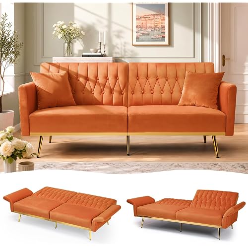 70” Velvet Futon Sofa Bed w/Adjustable Armrests, Orange